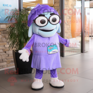 Lavender Chief mascot costume character dressed with a Jumpsuit and Reading glasses
