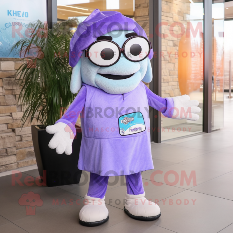 Lavender Chief mascot costume character dressed with a Jumpsuit and Reading glasses