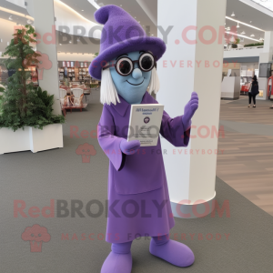 Lavender Chief mascot costume character dressed with a Jumpsuit and Reading glasses