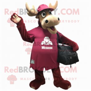 Maroon Moose mascot costume character dressed with a A-Line Dress and Messenger bags