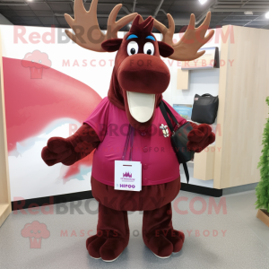 Maroon Moose mascot costume character dressed with a A-Line Dress and Messenger bags