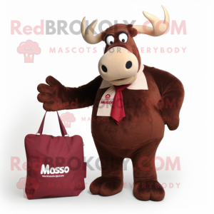 Maroon Moose mascot costume character dressed with a A-Line Dress and Messenger bags