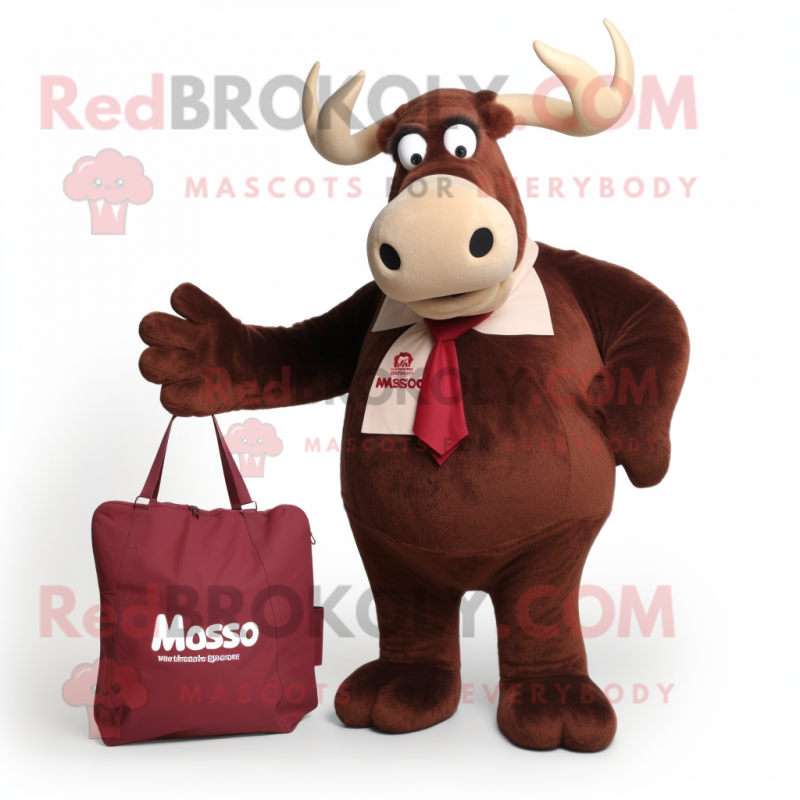 Maroon Moose mascot costume character dressed with a A-Line Dress and Messenger bags Maroon Moose mascot costume character dressed with a A-Line Dress and Messenger bags