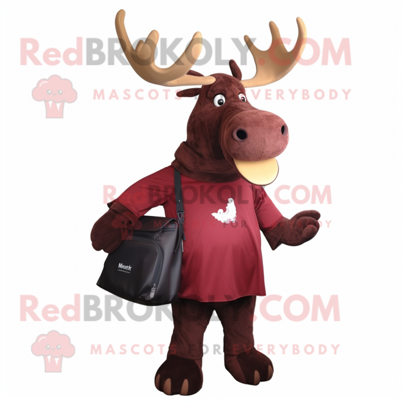 Maroon Moose mascot costume character dressed with a A-Line Dress and Messenger bags