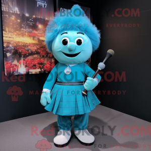 Maskotfigur af en cyan...