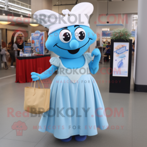 Sky Blue Clam Chowder mascot costume character dressed with a Evening Gown and Tote bags