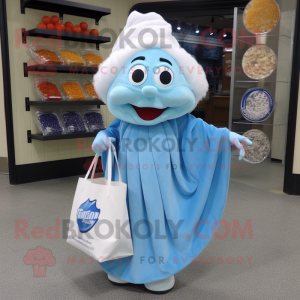 Sky Blue Clam Chowder mascot costume character dressed with a Evening Gown and Tote bags