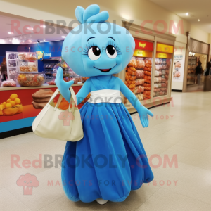 Sky Blue Clam Chowder mascot costume character dressed with a Evening Gown and Tote bags