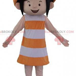 Mascotte de fille souriante en tenue orange et blanche -