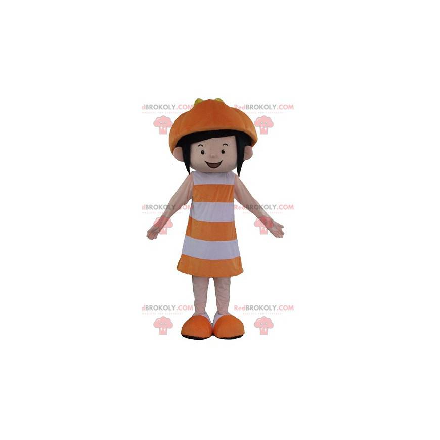 Mascota de niña sonriente en traje naranja y blanco -