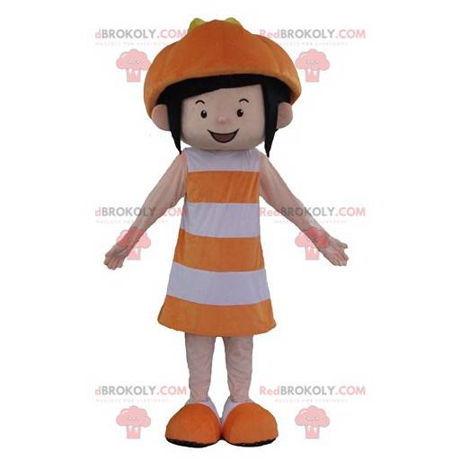 Mascotte sorridente della ragazza in vestito arancione e bianco