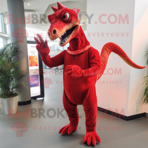 Red Parasaurolophus mascot costume character dressed with a Trousers and Gloves