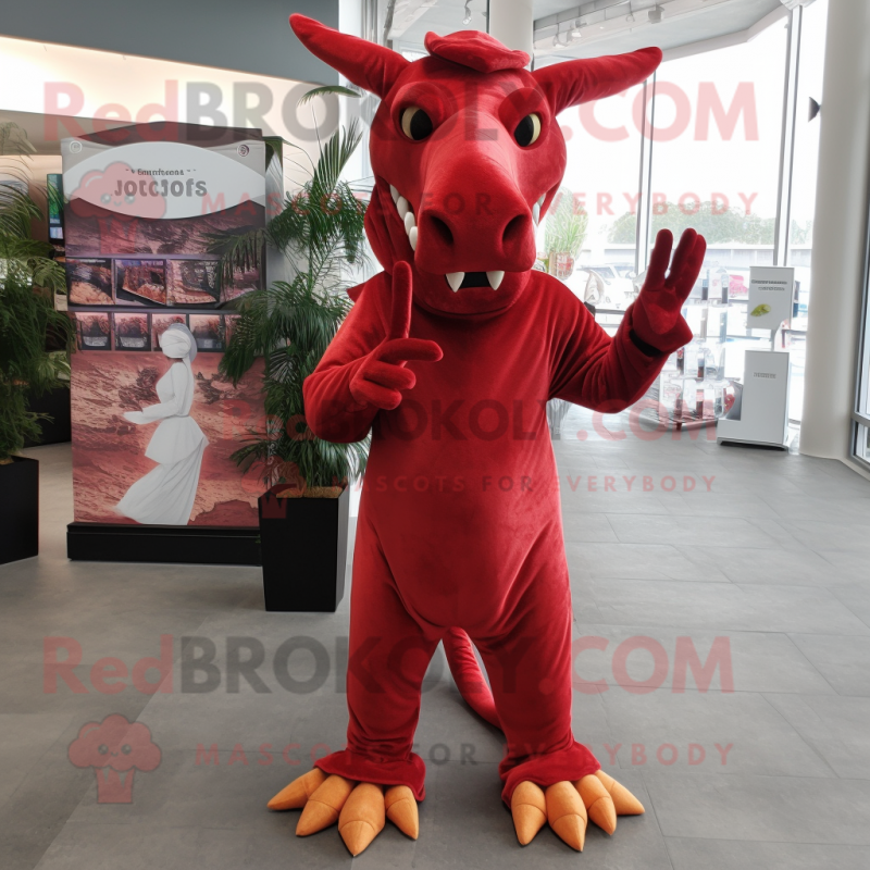 Red Parasaurolophus mascot costume character dressed with a Trousers and Gloves Red Parasaurolophus mascot costume character dressed with a Trousers and Gloves