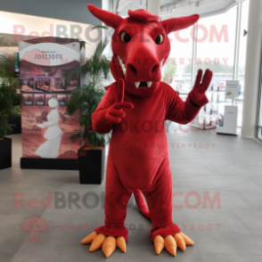 Red Parasaurolophus mascot costume character dressed with a Trousers and Gloves