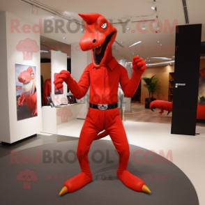 Red Parasaurolophus mascot costume character dressed with a Trousers and Gloves