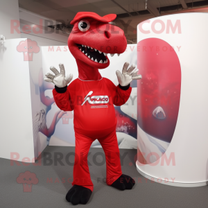 Red Parasaurolophus mascot costume character dressed with a Trousers and Gloves