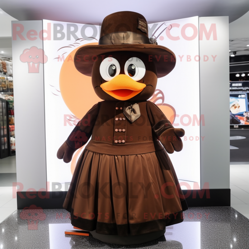 Brown Mandarin mascot costume character dressed with a A-Line Skirt and Hat pins