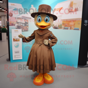 Brown Mandarin mascot costume character dressed with a A-Line Skirt and Hat pins