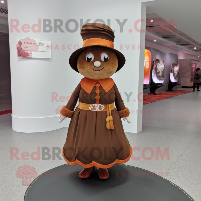 Brown Mandarin mascot costume character dressed with a A-Line Skirt and Hat pins