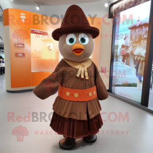 Brown Mandarin mascot costume character dressed with a A-Line Skirt and Hat pins
