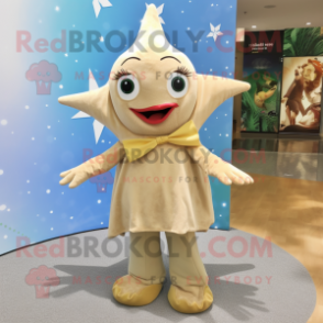 Beige Starfish mascot costume character dressed with a Wrap Skirt and Anklets