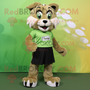 Olive Puma mascot costume character dressed with a Pleated Skirt and Shoe laces