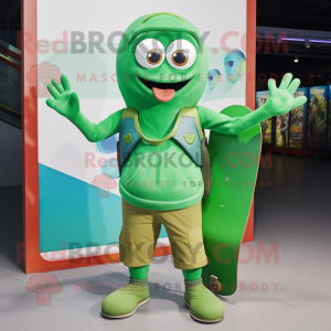 Green Skateboard mascot costume character dressed with a Overalls and Clutch bags