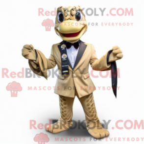 Maskot av en beige python iklädd maskotdräkt med kostymjacka och flugor - Python Mascots - REBROKO_377559 - RedBrokoly.com