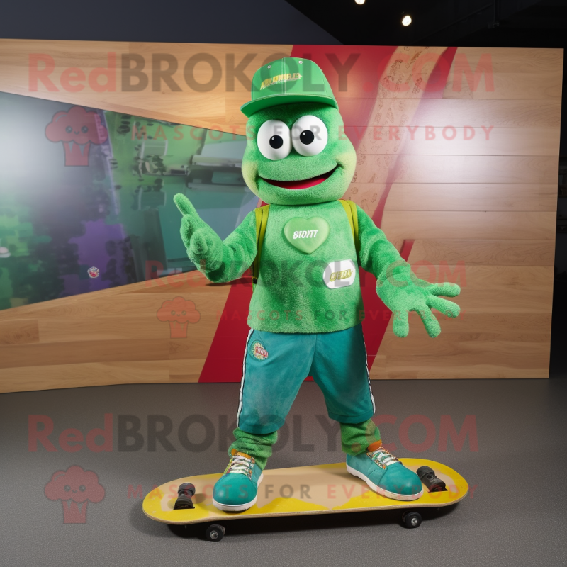 Green Skateboard mascot costume character dressed with a Overalls and Clutch bags Green Skateboard mascot costume character dressed with a Overalls and Clutch bags