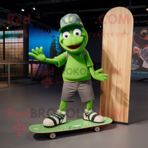 Green Skateboard mascot costume character dressed with a Overalls and Clutch bags