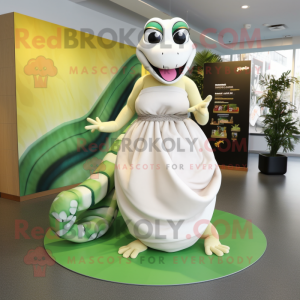 White Anaconda mascot costume character dressed with a Maxi Skirt and Anklets