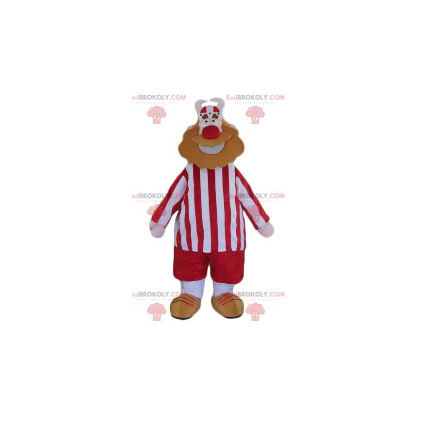 Mascote do homem barbudo viking vestido de vermelho e branco -