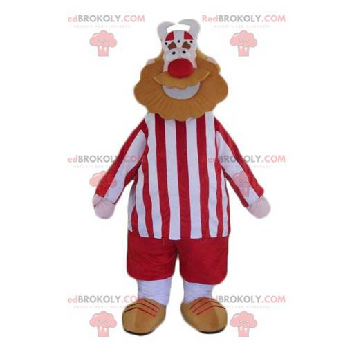 Mascote do homem barbudo viking vestido de vermelho e branco -