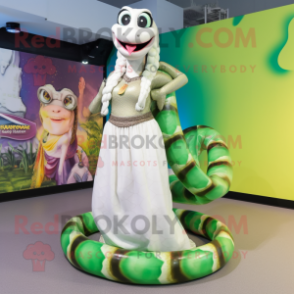 White Anaconda mascot costume character dressed with a Maxi Skirt and Anklets