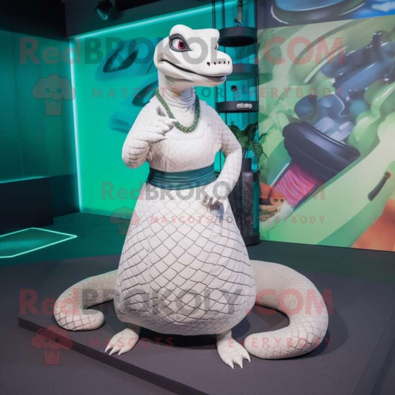 White Anaconda mascot costume character dressed with a Maxi Skirt and Anklets White Anaconda mascot costume character dressed with a Maxi Skirt and Anklets