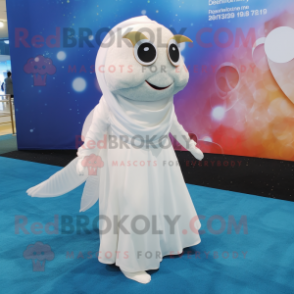 White Goldfish mascot costume character dressed with a Evening Gown and Coin purses