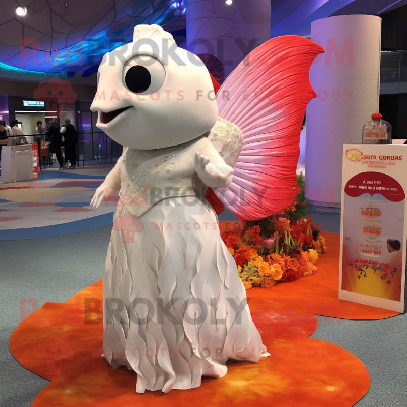 White Goldfish mascot costume character dressed with a Evening Gown and Coin purses
