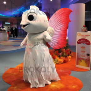 White Goldfish mascot costume character dressed with a Evening Gown and Coin purses