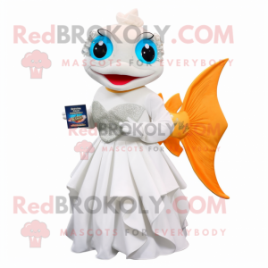 White Goldfish mascot costume character dressed with a Evening Gown and Coin purses