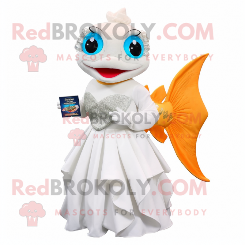 White Goldfish mascot costume character dressed with a Evening Gown and Coin purses White Goldfish mascot costume character dressed with a Evening Gown and Coin purses