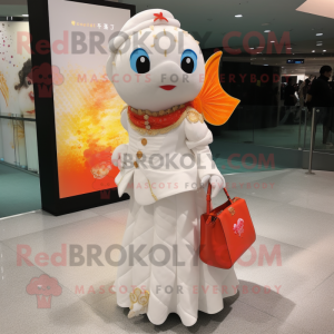 White Goldfish mascot costume character dressed with a Evening Gown and Coin purses