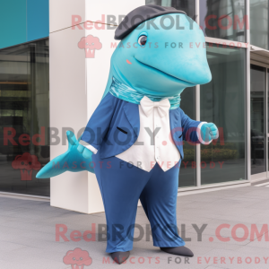 Maskotkarakter af en cyan...