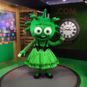 Forest Green Spider mascot costume character dressed with a Skirt and Bracelet watches