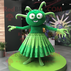 Forest Green Spider mascot costume character dressed with a Skirt and Bracelet watches