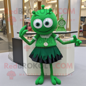 Forest Green Spider mascot costume character dressed with a Skirt and Bracelet watches