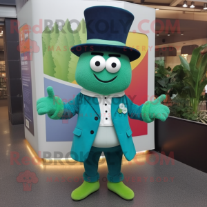 Teal Celery mascot costume character dressed with a Jacket and Hats
