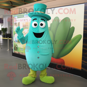 Teal Celery mascot costume character dressed with a Jacket and Hats