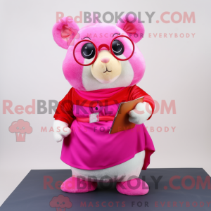Maskotfigur af en magenta...