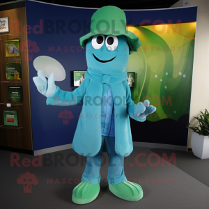Teal Celery mascot costume character dressed with a Jacket and Hats