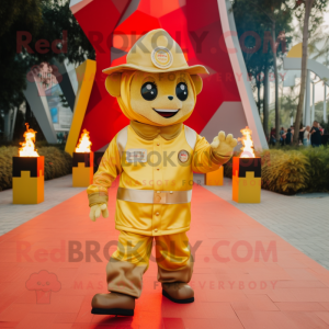 Gold Fire Fighter mascot costume character dressed with a Parka and Anklets